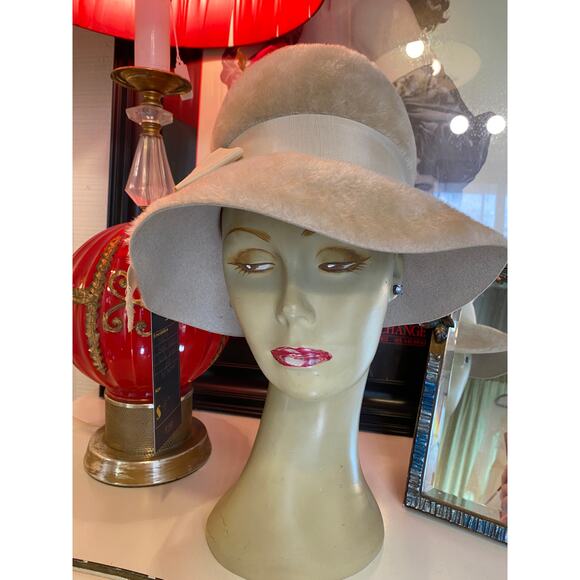 vintage 1960s fuzzy beige mohair wide brim hat Coralie mod floppy 60s fashion - Picture 3 of 8